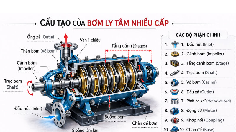 Cấu tạo chi tiết của máy nước ly tâm nhiều cấp