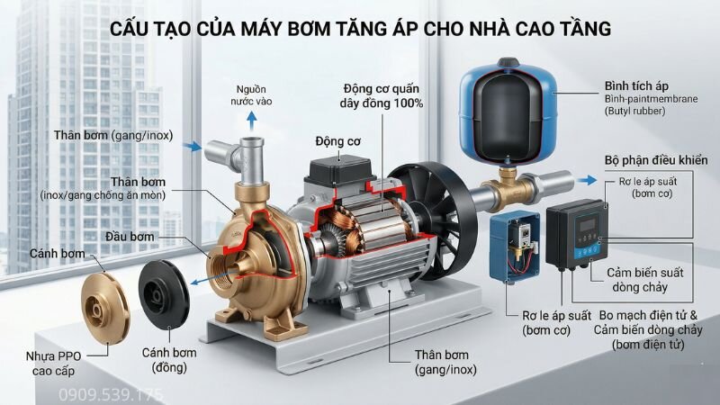 Cấu tạo máy bơm tăng áp cho nhà cao tầng