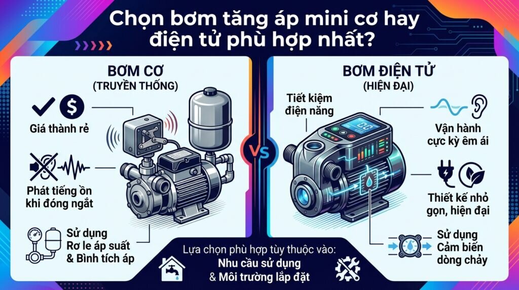 Chọn bơm tăng áp mini cơ hay điện tử phù hợp nhất?