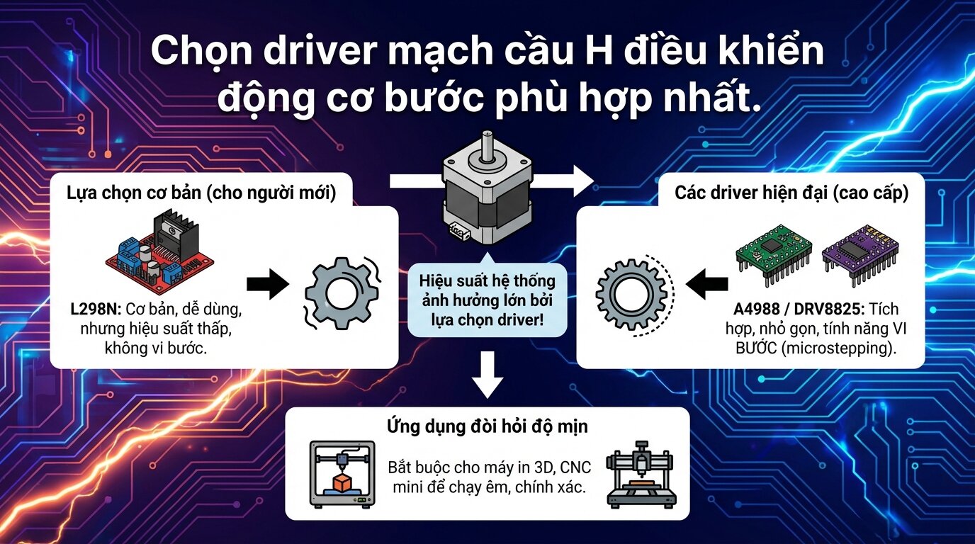 Chọn driver mạch cầu H điều khiển động cơ bước phù hợp nhất.
