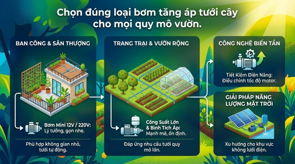 Chọn đúng loại bơm tăng áp tưới cây cho mọi quy mô vườn.