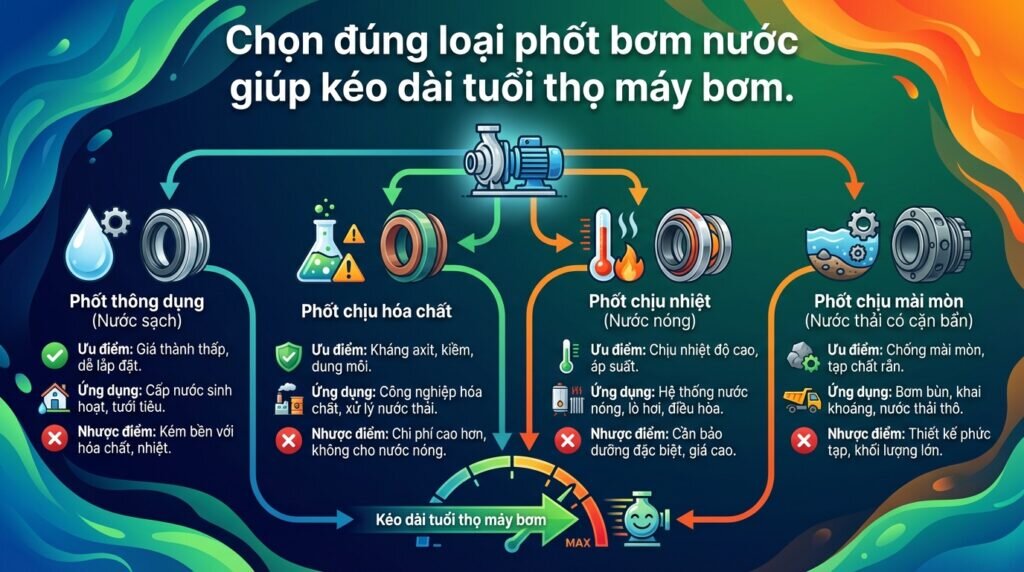 Chọn đúng loại phốt bơm nước giúp kéo dài tuổi thọ máy bơm.