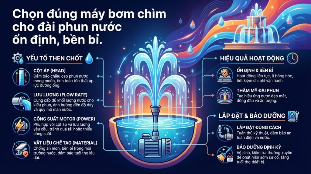 Chọn đúng máy bơm chìm cho đài phun nước ổn định, bền bỉ.