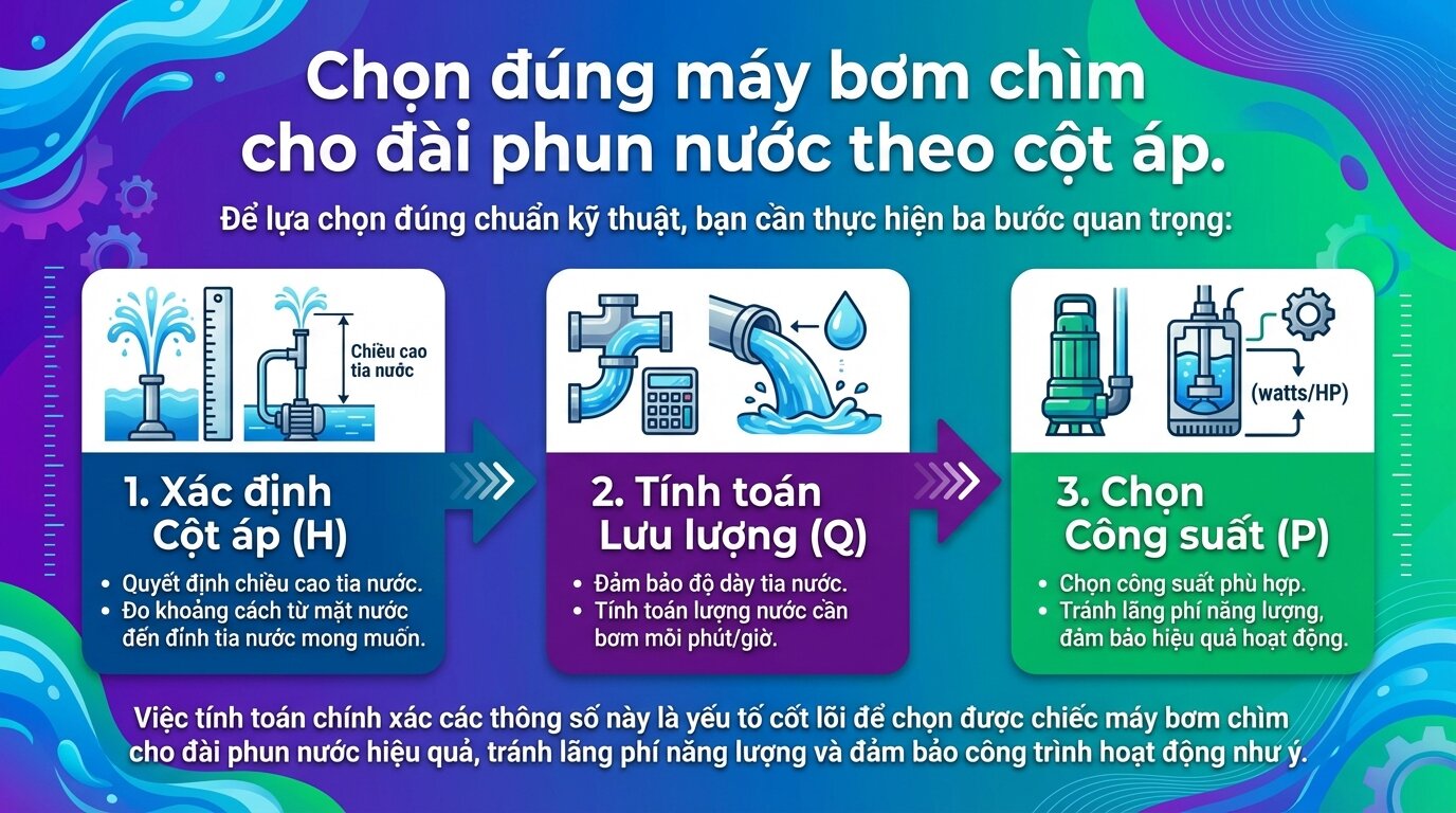 Chọn đúng máy bơm chìm cho đài phun nước theo cột áp.