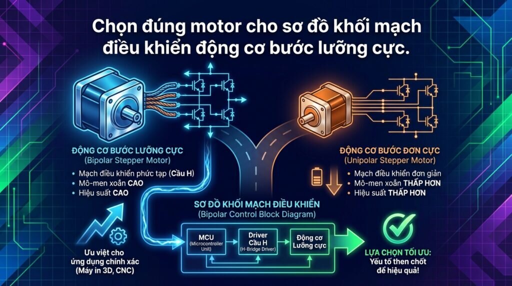 Chọn đúng motor cho sơ đồ khối mạch điều khiển động cơ bước lưỡng cực.