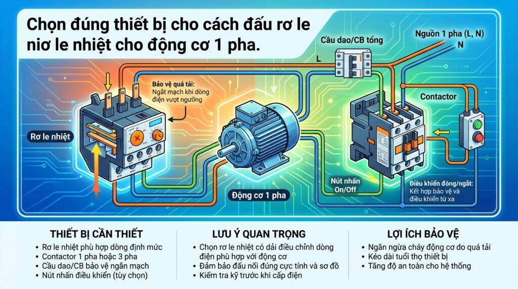 Chọn đúng thiết bị cho cách đấu rơ le nhiệt cho động cơ 1 pha.
