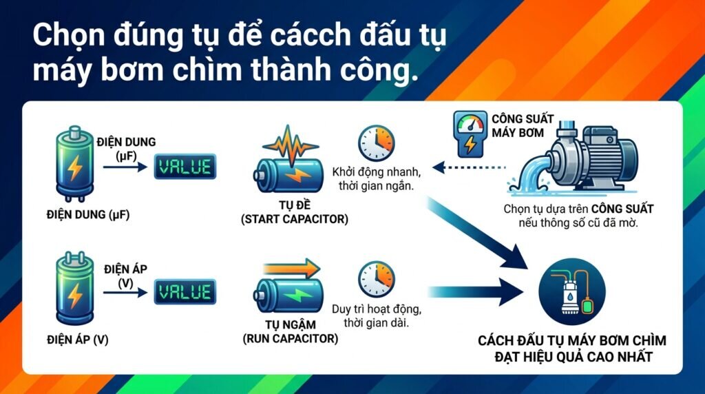 Chọn đúng tụ để cách đấu tụ máy bơm chìm thành công.