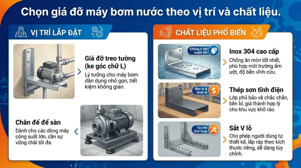 Chọn giá đỡ máy bơm nước theo vị trí và chất liệu.