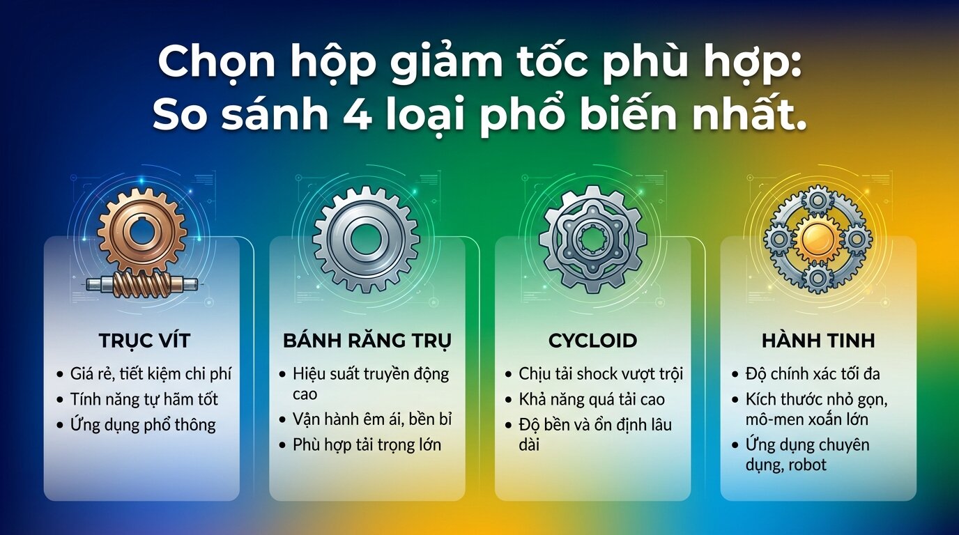 Chọn hộp giảm tốc phù hợp: So sánh 4 loại phổ biến nhất.
