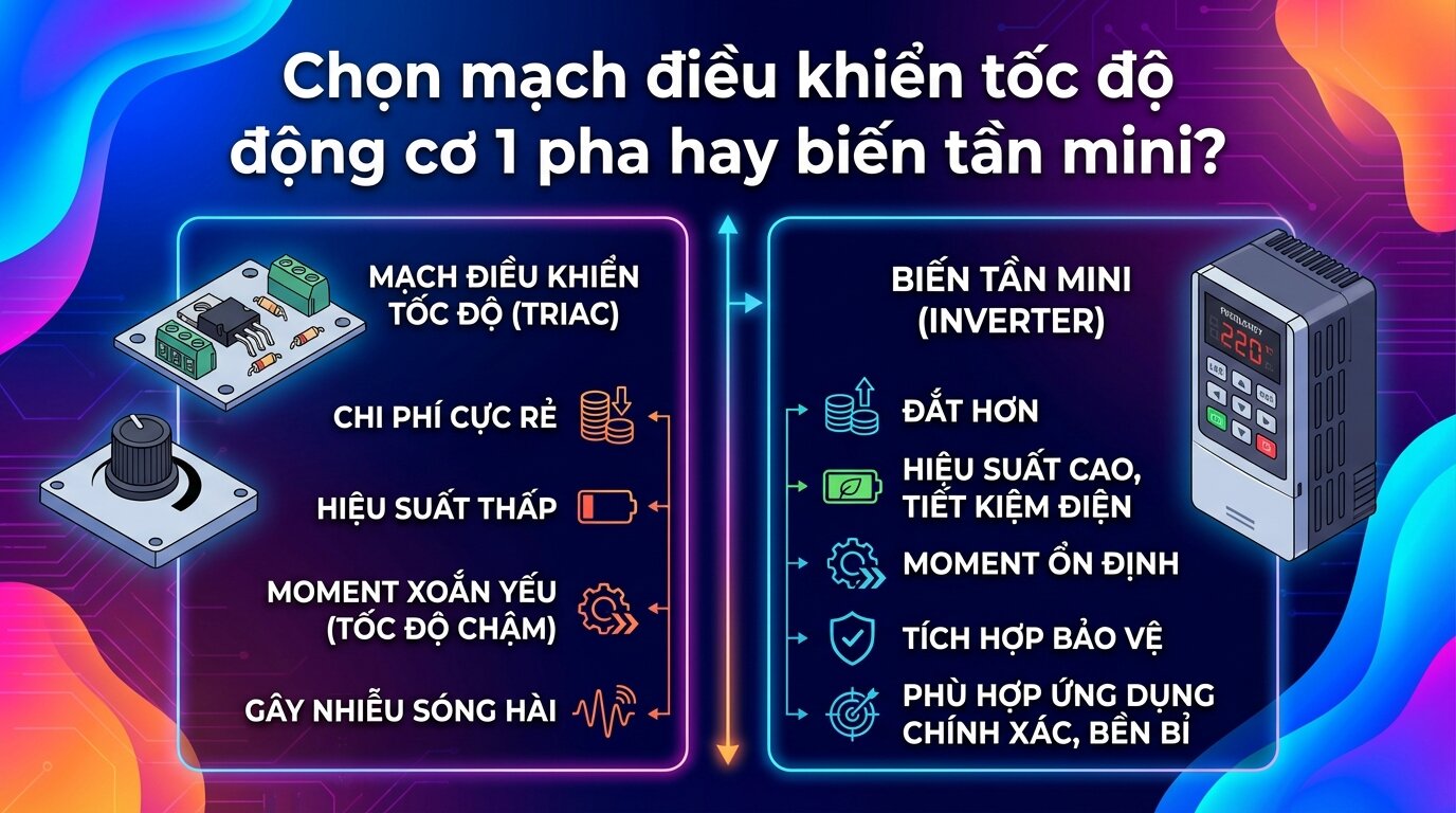 Chọn mạch điều khiển tốc độ động cơ 1 pha hay biến tần mini?