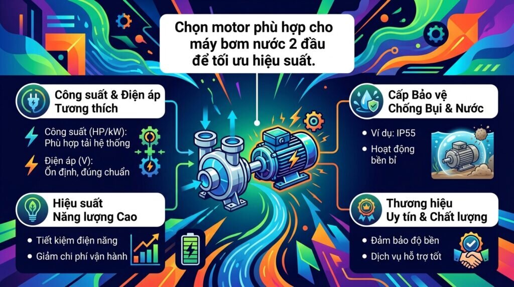 Chọn motor phù hợp cho máy bơm nước 2 đầu để tối ưu hiệu suất.