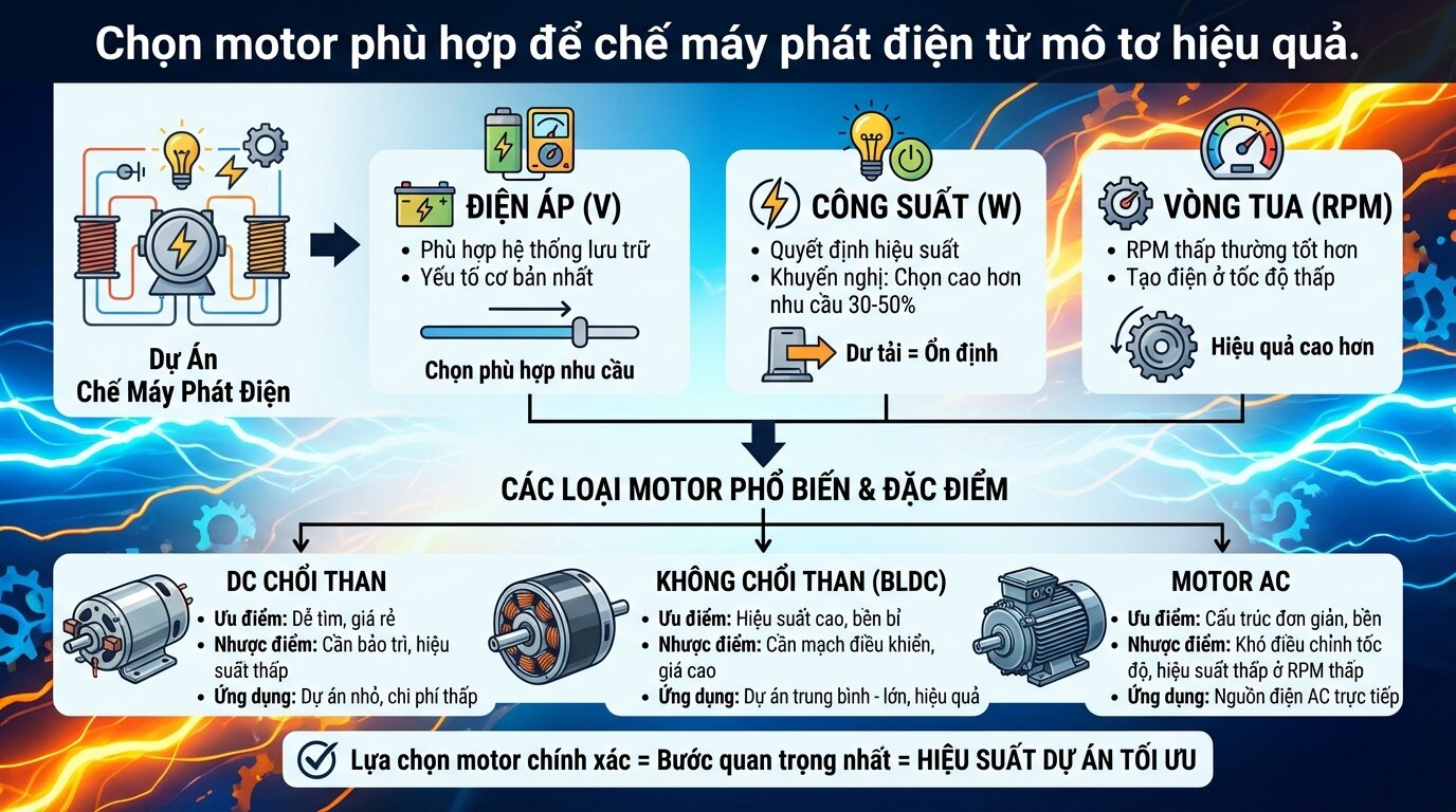 Chọn motor phù hợp để chế máy phát điện từ mô tơ hiệu quả.