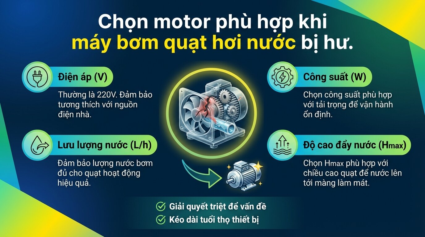 Chọn motor phù hợp khi máy bơm quạt hơi nước bị hư.