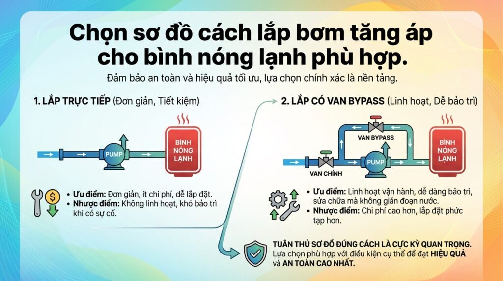 Chọn sơ đồ cách lắp bơm tăng áp cho bình nóng lạnh phù hợp.