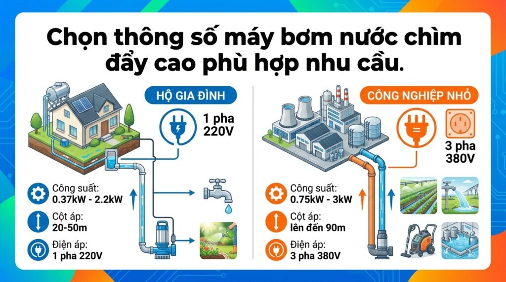 Chọn thông số máy bơm nước chìm đẩy cao phù hợp nhu cầu.