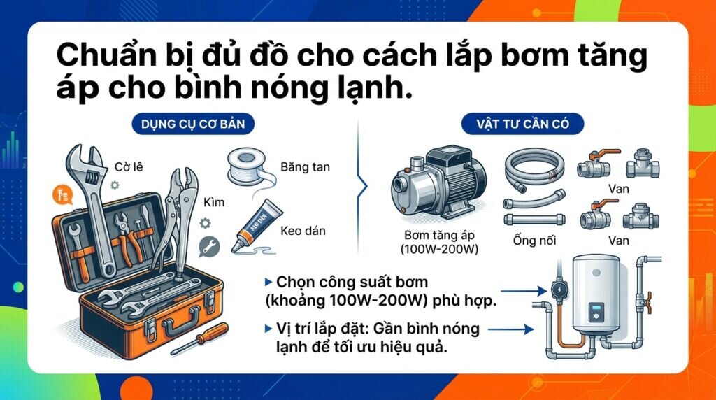 Chuẩn bị đủ đồ cho cách lắp bơm tăng áp cho bình nóng lạnh.