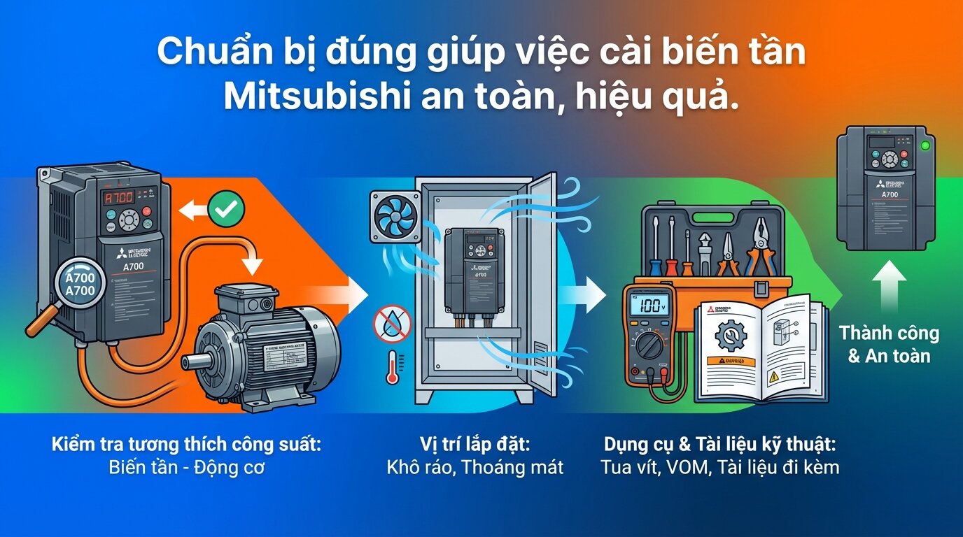 Chuẩn bị đúng giúp việc cài biến tần Mitsubishi an toàn, hiệu quả.