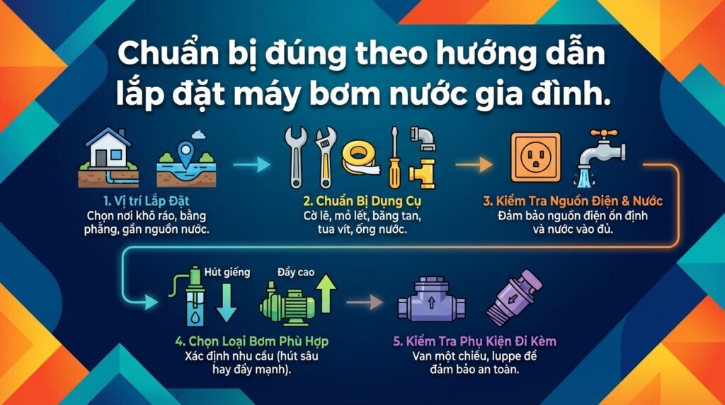 Chuẩn bị đúng theo hướng dẫn lắp đặt máy bơm nước gia đình.