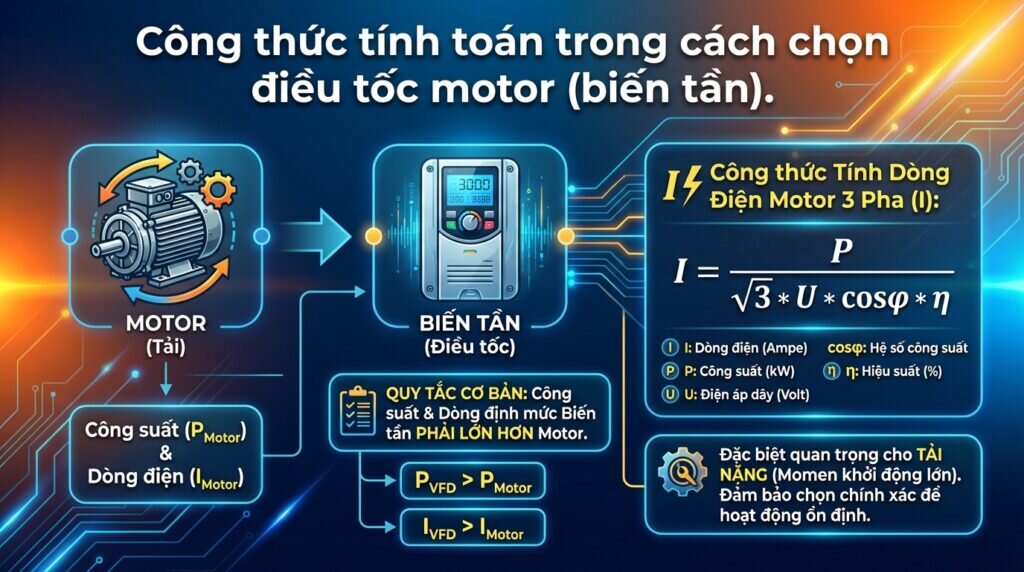Công thức tính toán trong cách chọn điều tốc motor (biến tần).