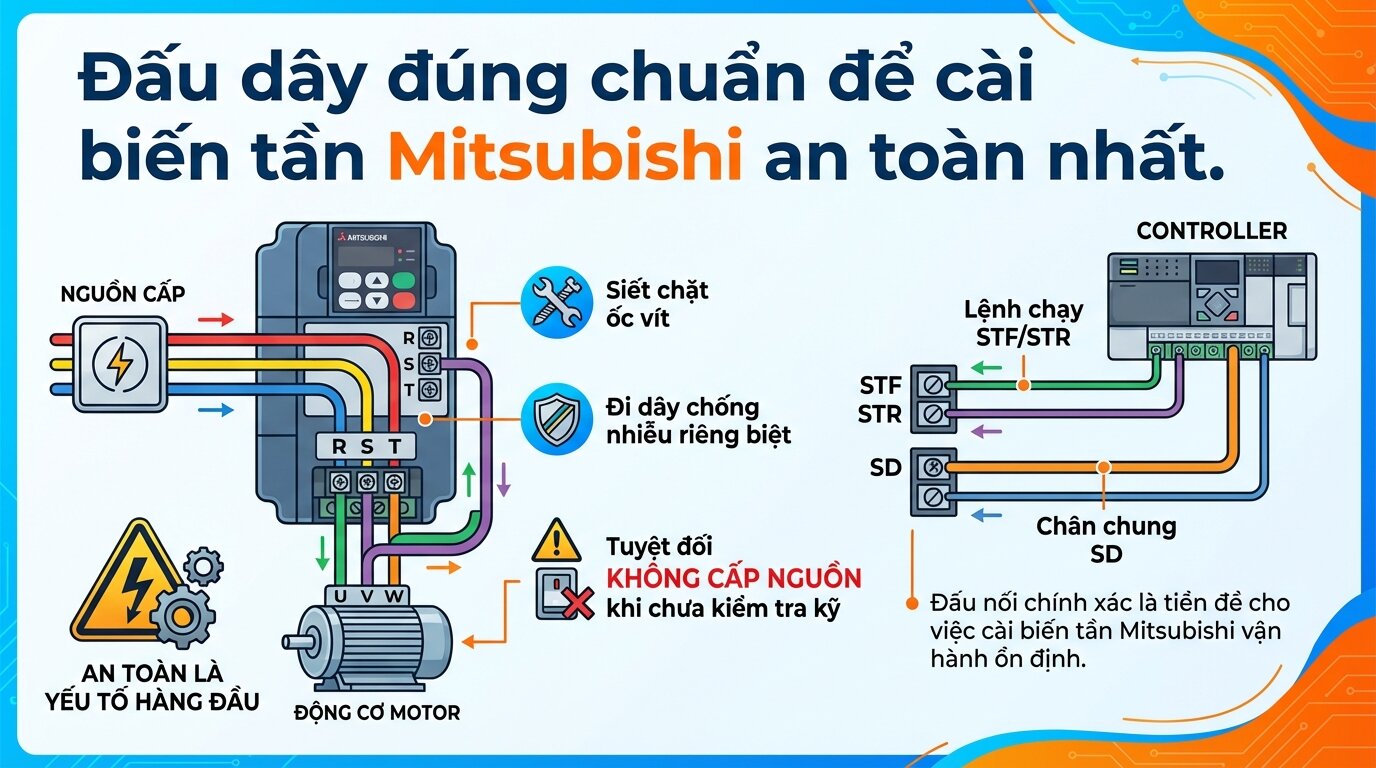 Đấu dây đúng chuẩn để cài biến tần Mitsubishi an toàn nhất.