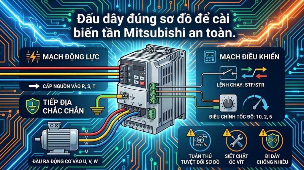 Đấu dây đúng sơ đồ để cài biến tần Mitsubishi an toàn.