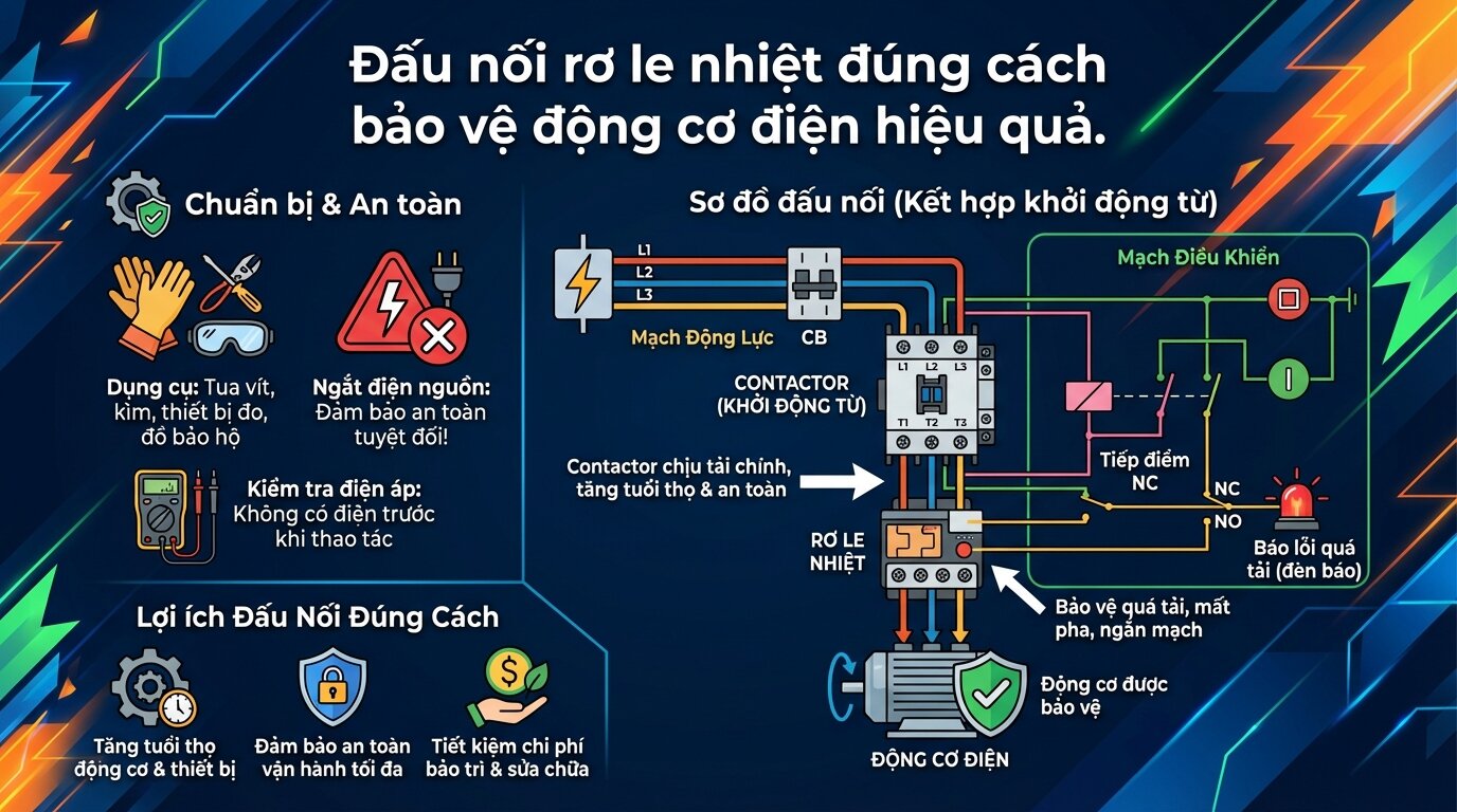 Đấu nối rơ le nhiệt đúng cách bảo vệ động cơ điện hiệu quả.