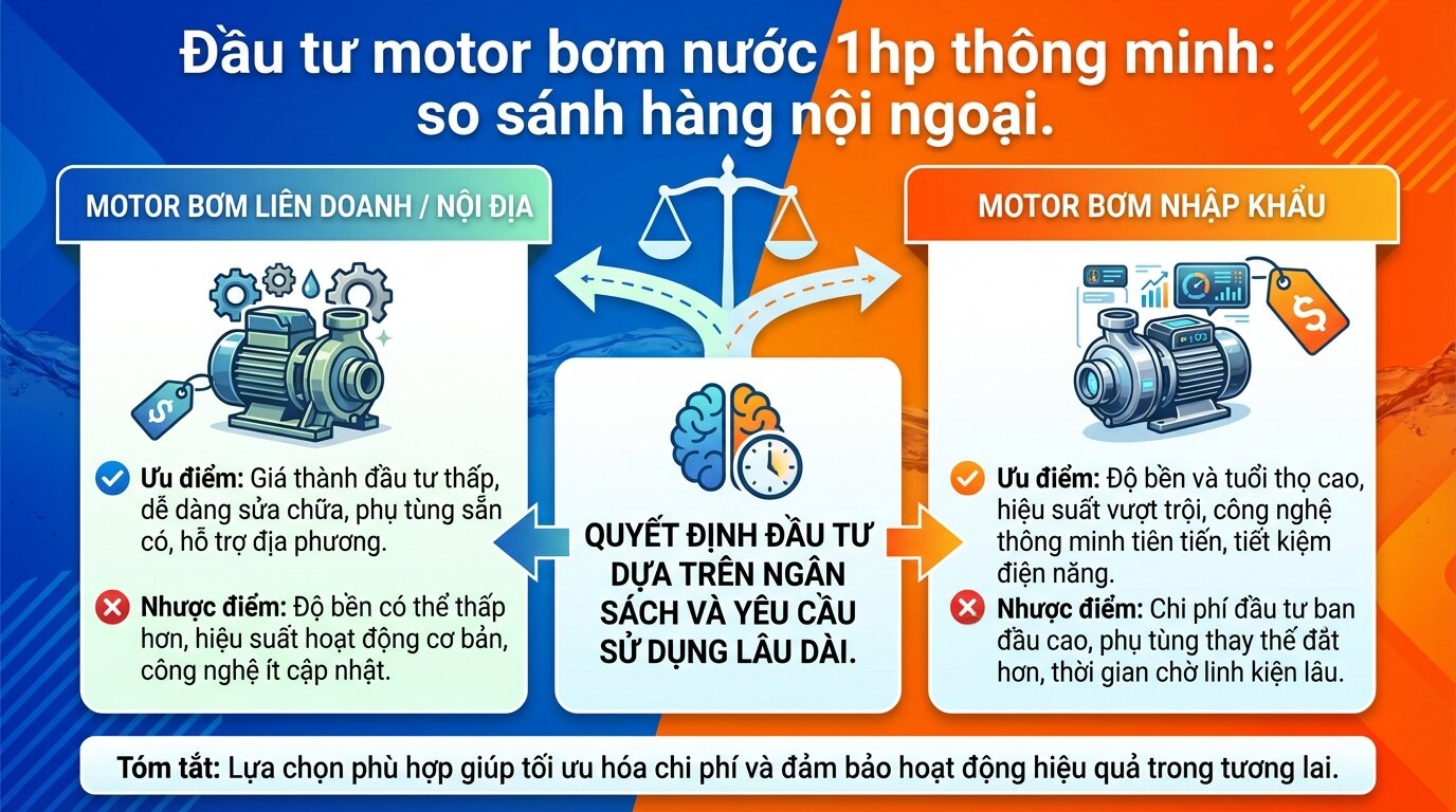 Đầu tư motor bơm nước 1hp thông minh: so sánh hàng nội ngoại.