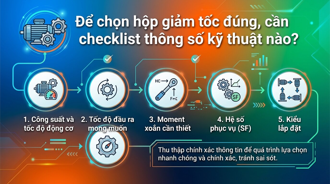 Để chọn hộp giảm tốc đúng, cần checklist thông số kỹ thuật nào?