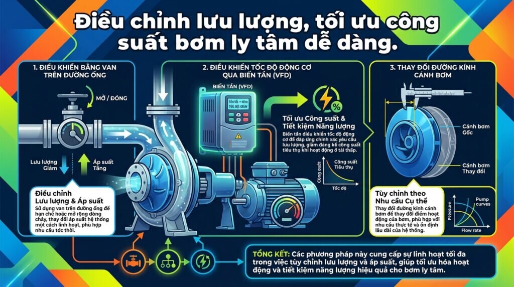 Điều chỉnh lưu lượng, tối ưu công suất bơm ly tâm dễ dàng.