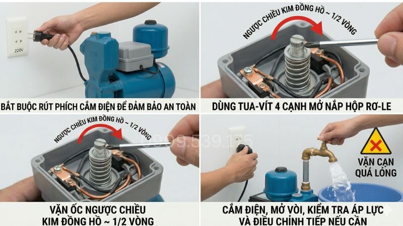 Cách giảm áp máy bơm tăng áp bằng cách điều chỉnh rơ le.