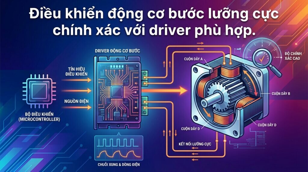Điều khiển động cơ bước lưỡng cực chính xác với driver phù hợp.