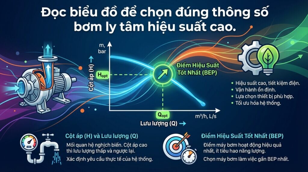Đọc biểu đồ để chọn đúng thông số bơm ly tâm hiệu suất cao.