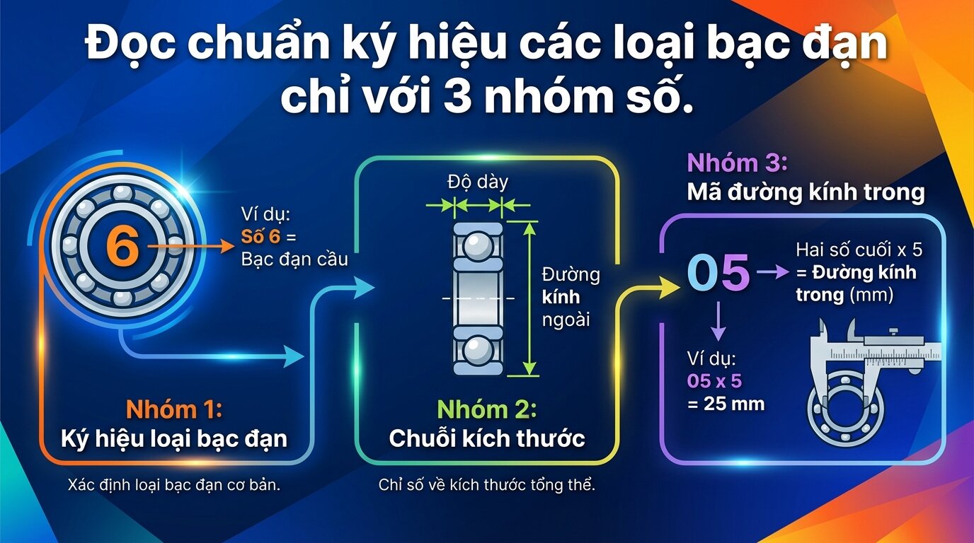 Đọc chuẩn ký hiệu các loại bạc đạn chỉ với 3 nhóm số.