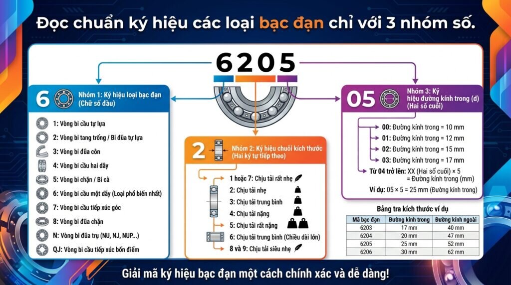 Đọc chuẩn ký hiệu các loại bạc đạn chỉ với 3 nhóm số.