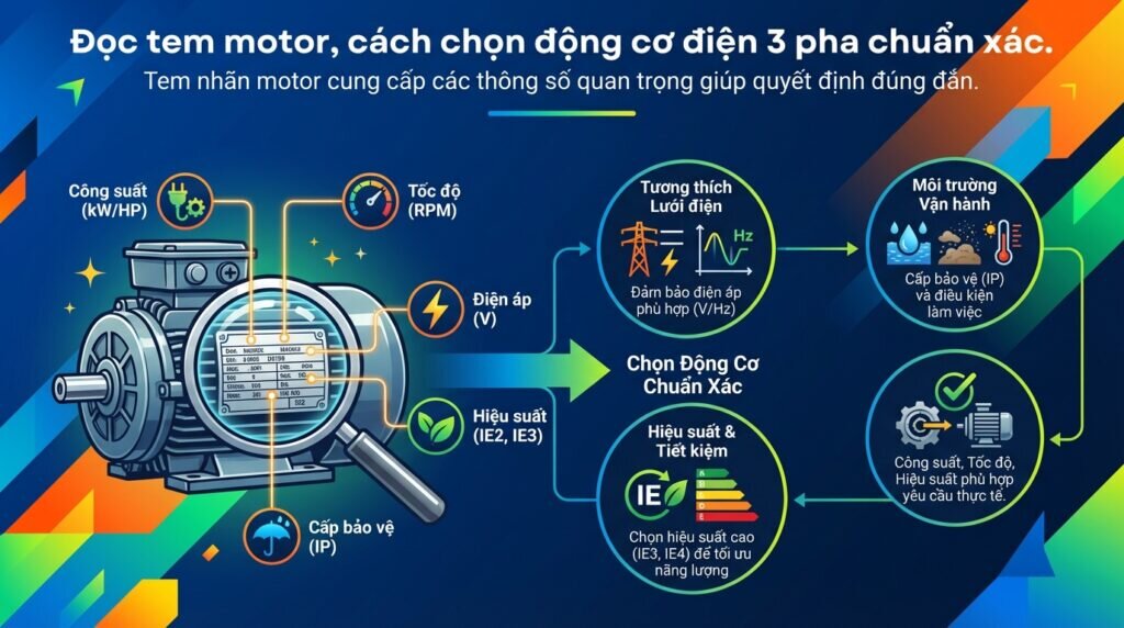 Đọc tem motor, cách chọn động cơ điện 3 pha chuẩn xác.