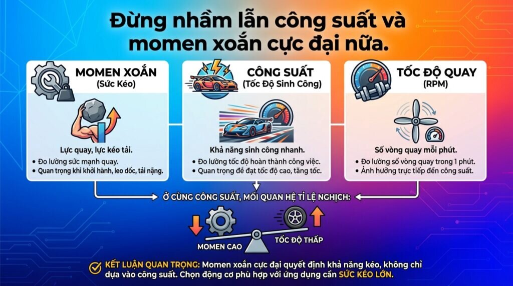 Đừng nhầm lẫn công suất và momen xoắn cực đại nữa.