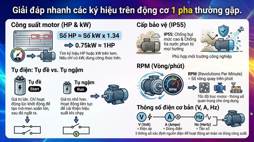 Giải đáp nhanh các ký hiệu trên động cơ 1 pha thường gặp.