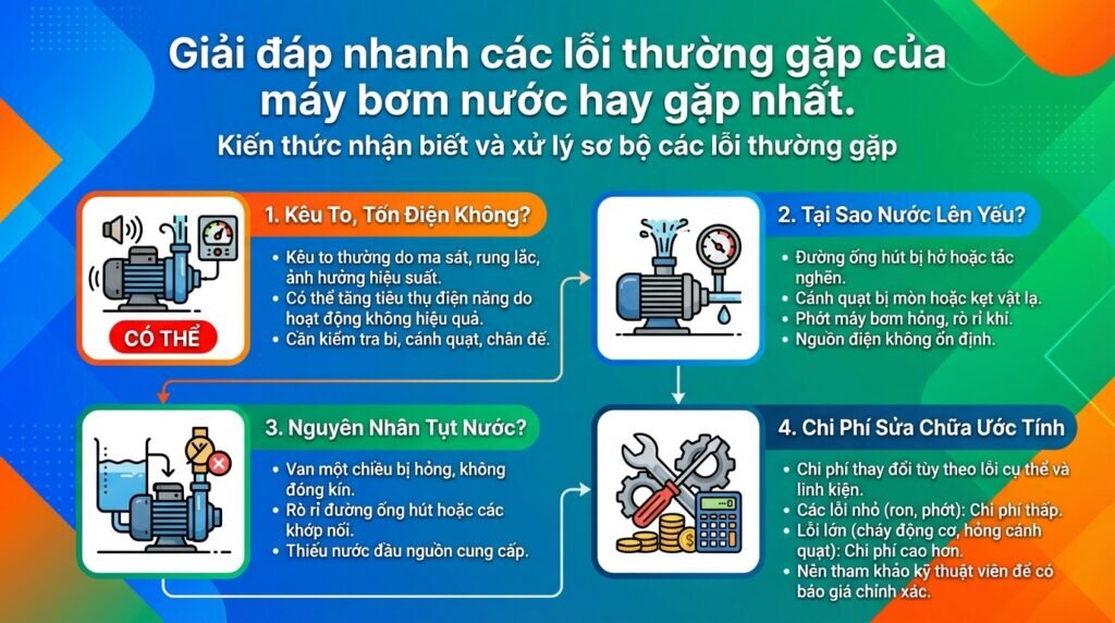 Giải đáp nhanh các lỗi thường gặp của máy bơm nước hay gặp nhất.