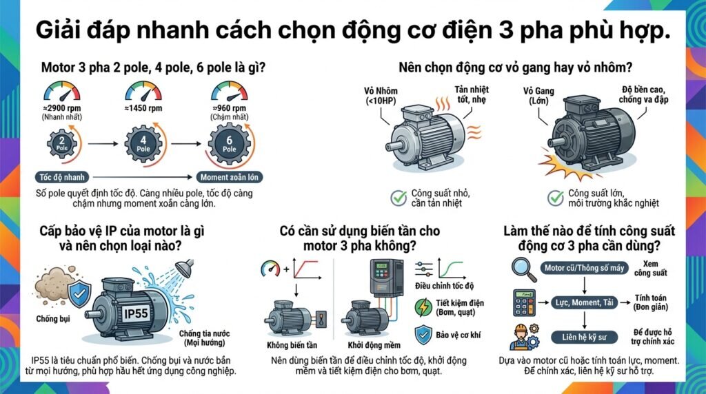 Giải đáp nhanh cách chọn động cơ điện 3 pha phù hợp.