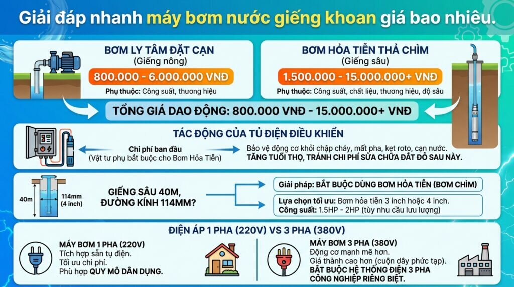 Giải đáp nhanh máy bơm nước giếng khoan giá bao nhiêu.