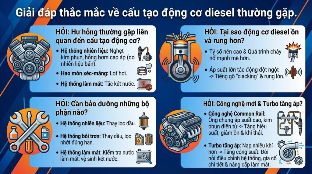 Giải đáp thắc mắc về cấu tạo động cơ diesel thường gặp.