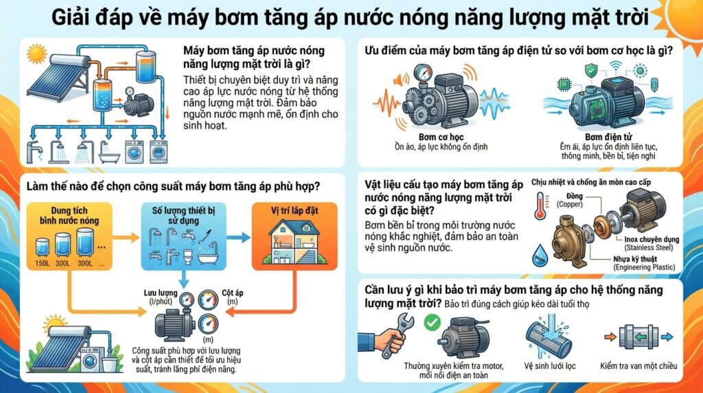 Giải đáp về máy bơm tăng áp nước nóng năng lượng mặt trời.