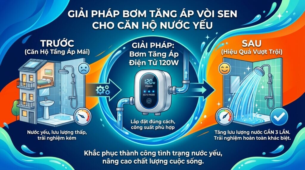 Giải pháp bơm tăng áp vòi sen cho căn hộ nước yếu.