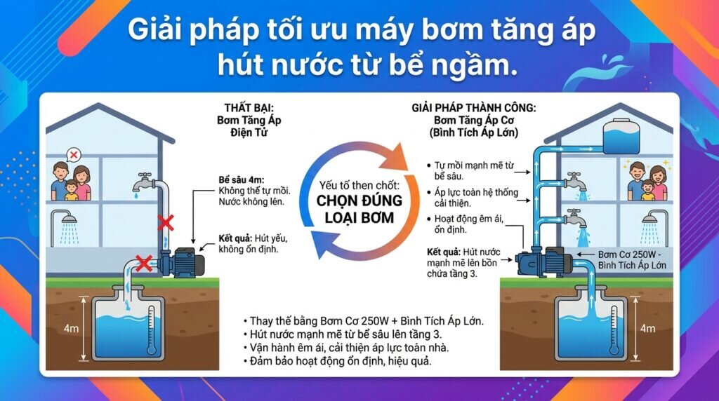 Giải pháp tối ưu máy bơm tăng áp hút nước từ bể ngầm.