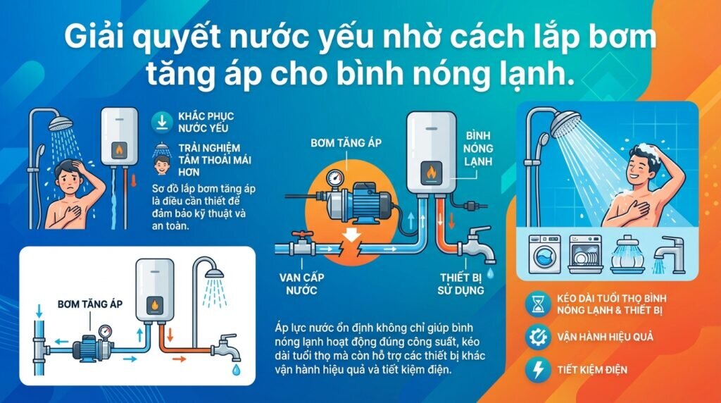 Giải quyết nước yếu nhờ cách lắp bơm tăng áp cho bình nóng lạnh.