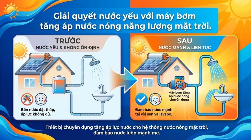 Giải quyết nước yếu với máy bơm tăng áp nước nóng năng lượng mặt trời.