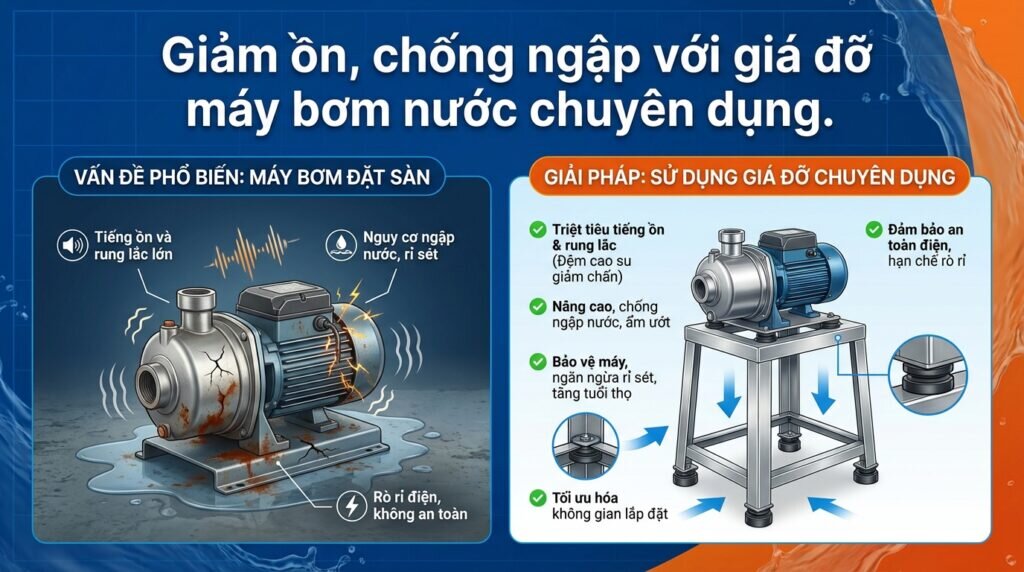 Giảm ồn, chống ngập với giá đỡ máy bơm nước chuyên dụng.