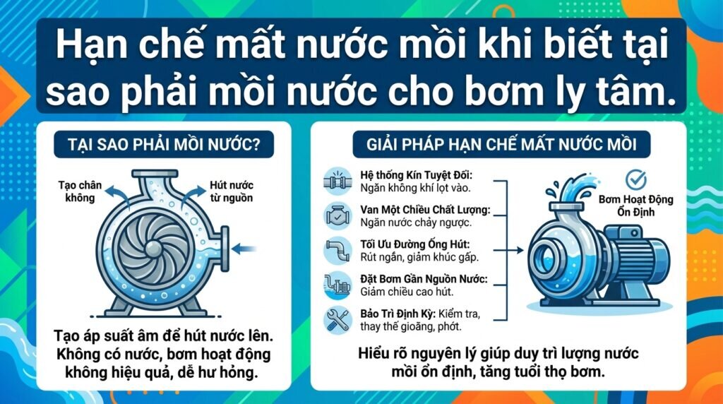 Hạn chế mất nước mồi khi biết tại sao phải mồi nước cho bơm ly tâm.