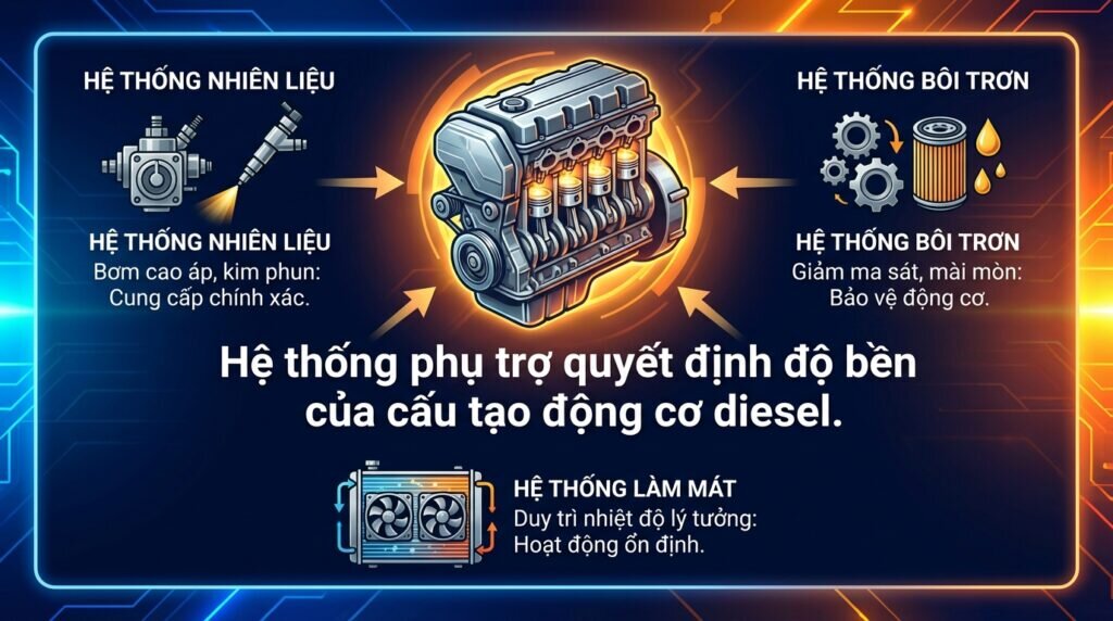 Hệ thống phụ trợ quyết định độ bền của cấu tạo động cơ diesel.