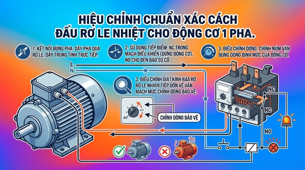 Hiệu chỉnh chuẩn xác cách đấu rơ le nhiệt cho động cơ 1 pha.